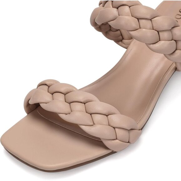 Women's Wide Width Chunky Vintage Square Open Toe Heels Sandals Tan Shoes - Picture 7 of 9